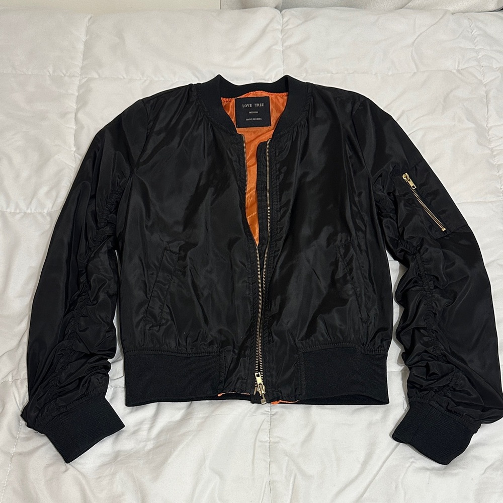 Love Tree Black Bomber Jacket with Orange Interior